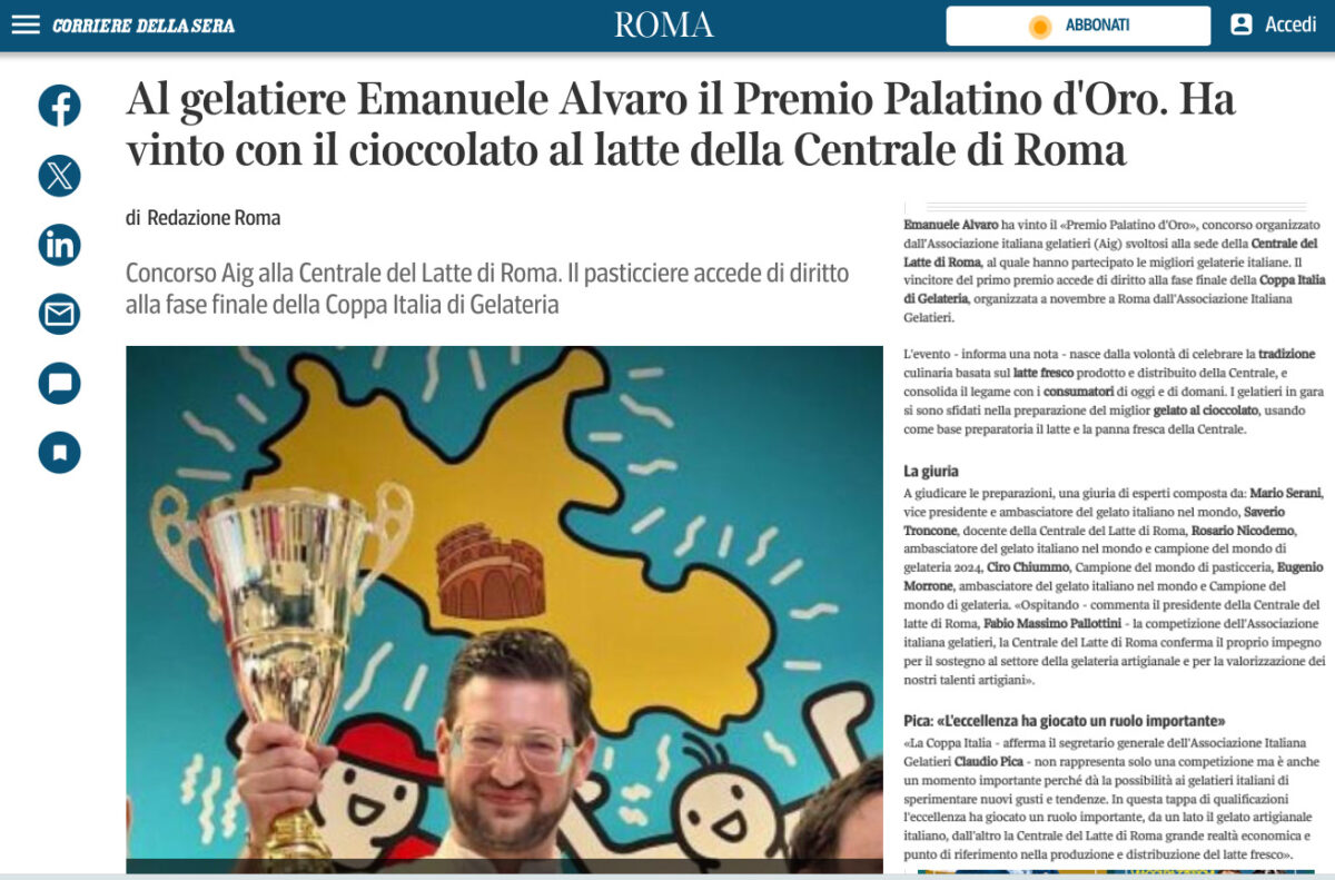 gelatiere Emanuele Alvaro Premio Palatino d'Oro gusto cioccolato al latte Centrale di Roma 2024